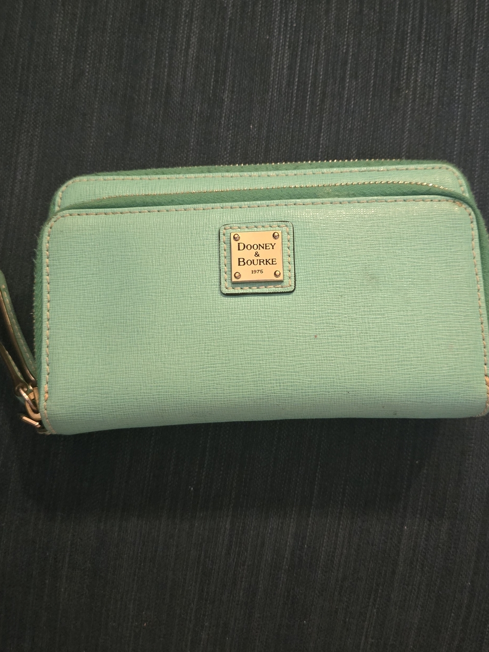 Dooney & Bourke Mint Green Zip Wallet with Gold Logo Plaque